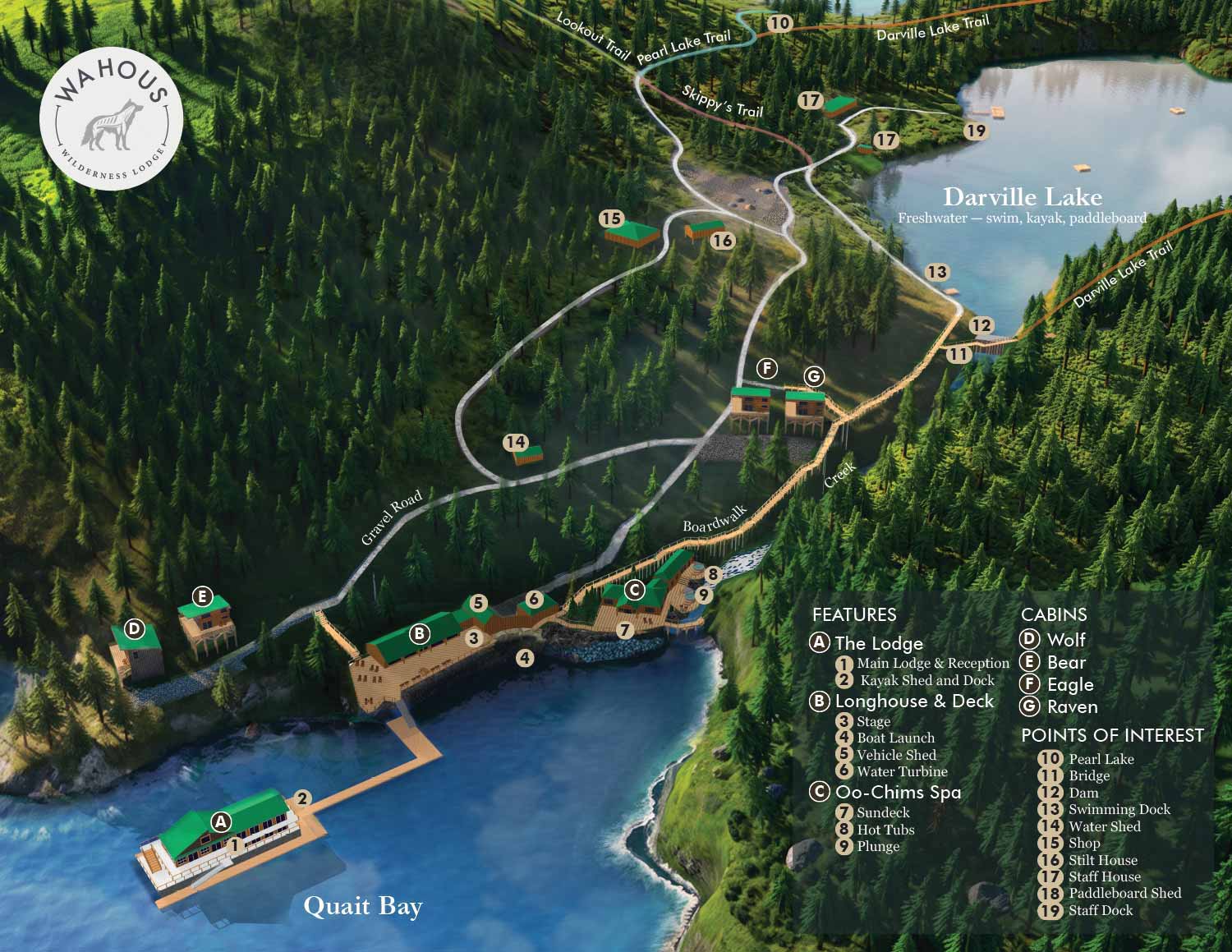 Wahous Wilderness Lodge Resort Illustrated Map